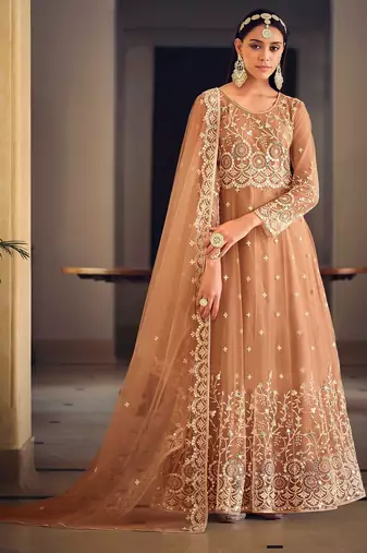 light brown net thread embroidered semi stitched suit