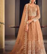 light brown net thread embroidered semi stitched suit