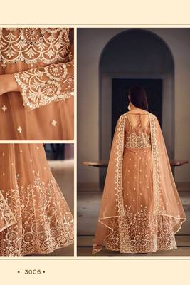light brown net thread embroidered semi stitched suit 2