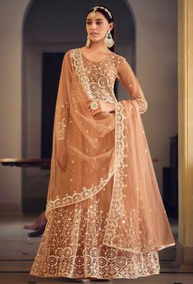 light brown net thread embroidered semi stitched suit 3