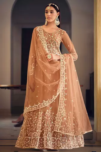 light brown net thread embroidered semi stitched suit