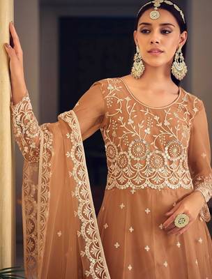 light brown net thread embroidered semi stitched suit 4
