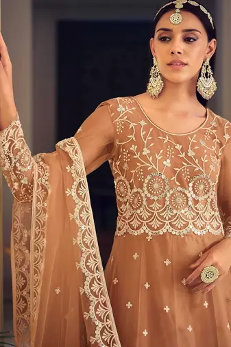 light brown net thread embroidered semi stitched suit