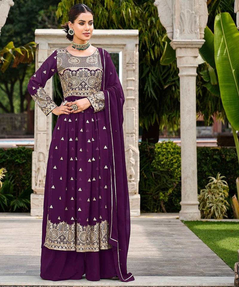 purple georgette embroidery & sequined semi stitched suit