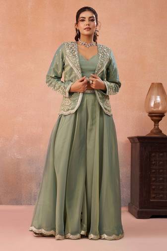 pink tissue embroidery work  sequined  beads & stone work semi stitched suit