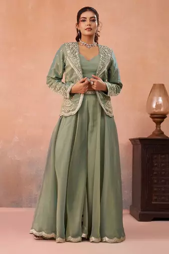 pink tissue embroidery work  sequined  beads & stone work semi stitched suit