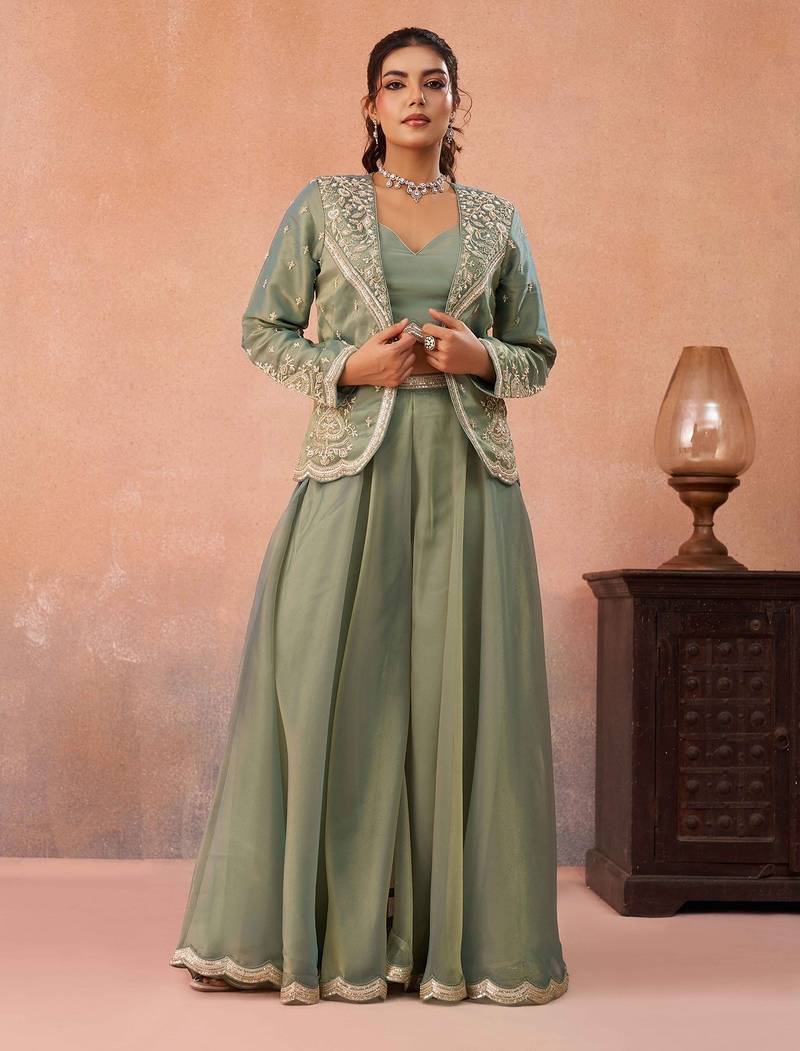 pink tissue embroidery work  sequined  beads & stone work semi stitched suit