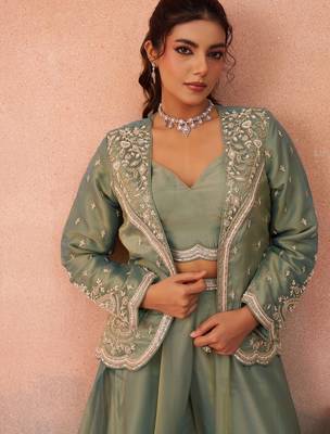 pink tissue embroidery work  sequined  beads & stone work semi stitched suit 2