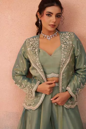 pink tissue embroidery work  sequined  beads & stone work semi stitched suit