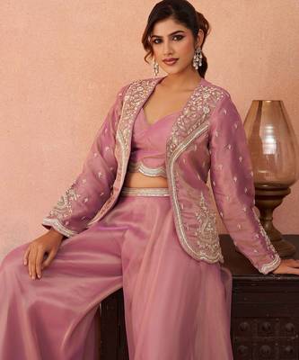 pista tissue embroidery work  sequined  beads & stone work semi stitched suit 2