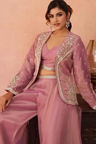 pista tissue embroidery work  sequined  beads & stone work semi stitched suit
