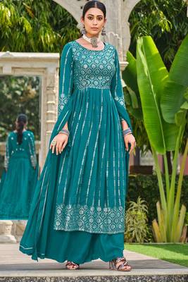 turquoise georgette embroidery & sequined semi stitched suit 1