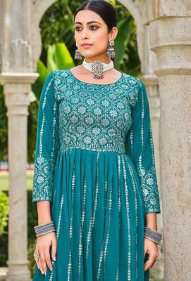 turquoise georgette embroidery & sequined semi stitched suit 2