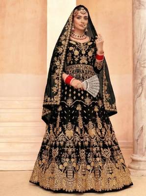 stunning black net embroidery work  sequined cording & stone work. semi stitched suit 1