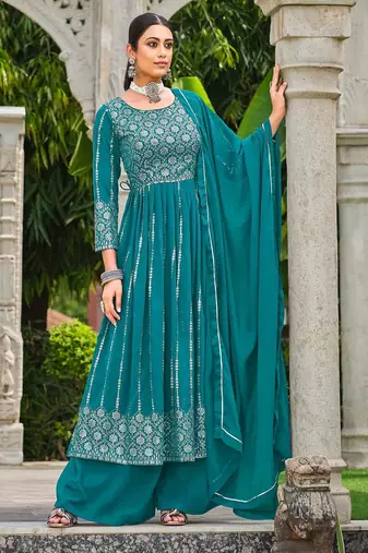 turquoise georgette embroidery & sequined semi stitched suit