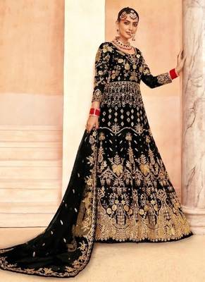stunning black net embroidery work  sequined cording & stone work. semi stitched suit 2