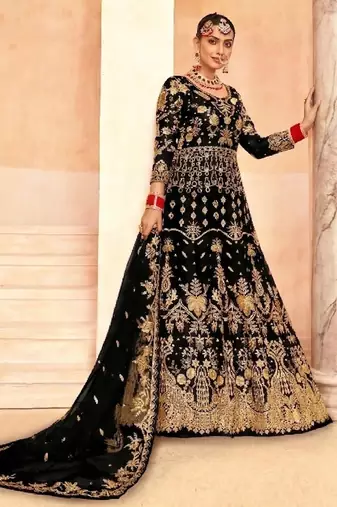 stunning black net embroidery work  sequined cording & stone work. semi stitched suit
