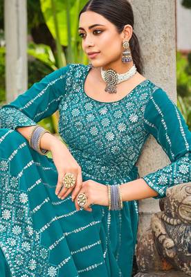 turquoise georgette embroidery & sequined semi stitched suit 4