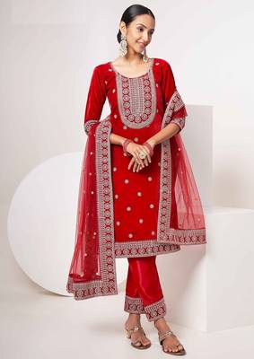 red velvet embroidery & sequined semi stitched suit 1
