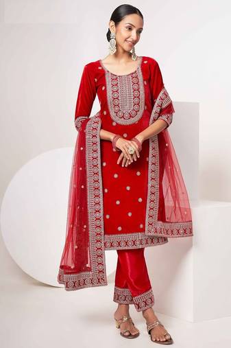 red velvet embroidery & sequined semi stitched suit