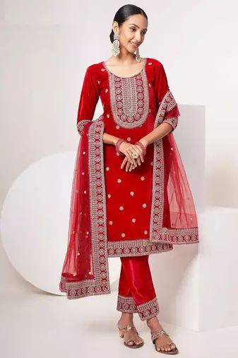 red velvet embroidery & sequined semi stitched suit
