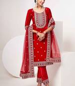 red velvet embroidery & sequined semi stitched suit