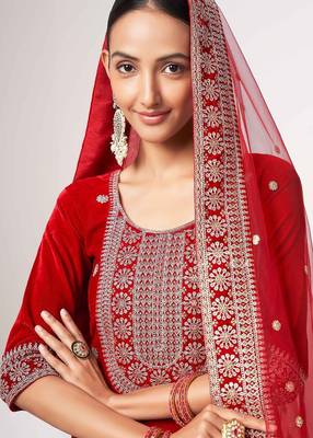 red velvet embroidery & sequined semi stitched suit 2