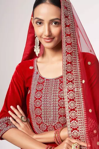 red velvet embroidery & sequined semi stitched suit