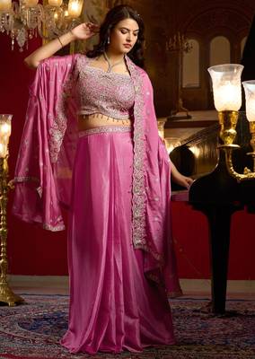pink silk blend embroidered  beads mirror work & sequined semi stitched suit 1