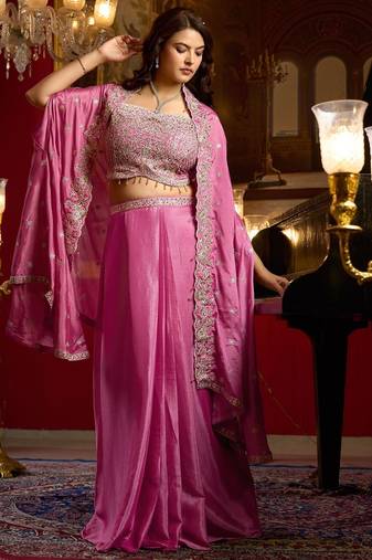 pink silk blend embroidered  beads mirror work & sequined semi stitched suit