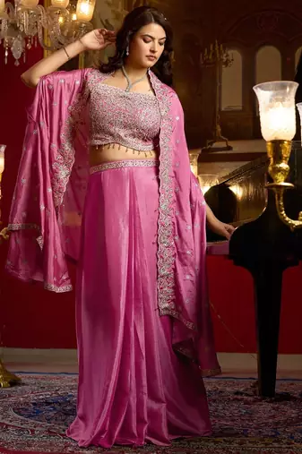 pink silk blend embroidered  beads mirror work & sequined semi stitched suit