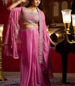 pink silk blend embroidered  beads mirror work & sequined semi stitched suit