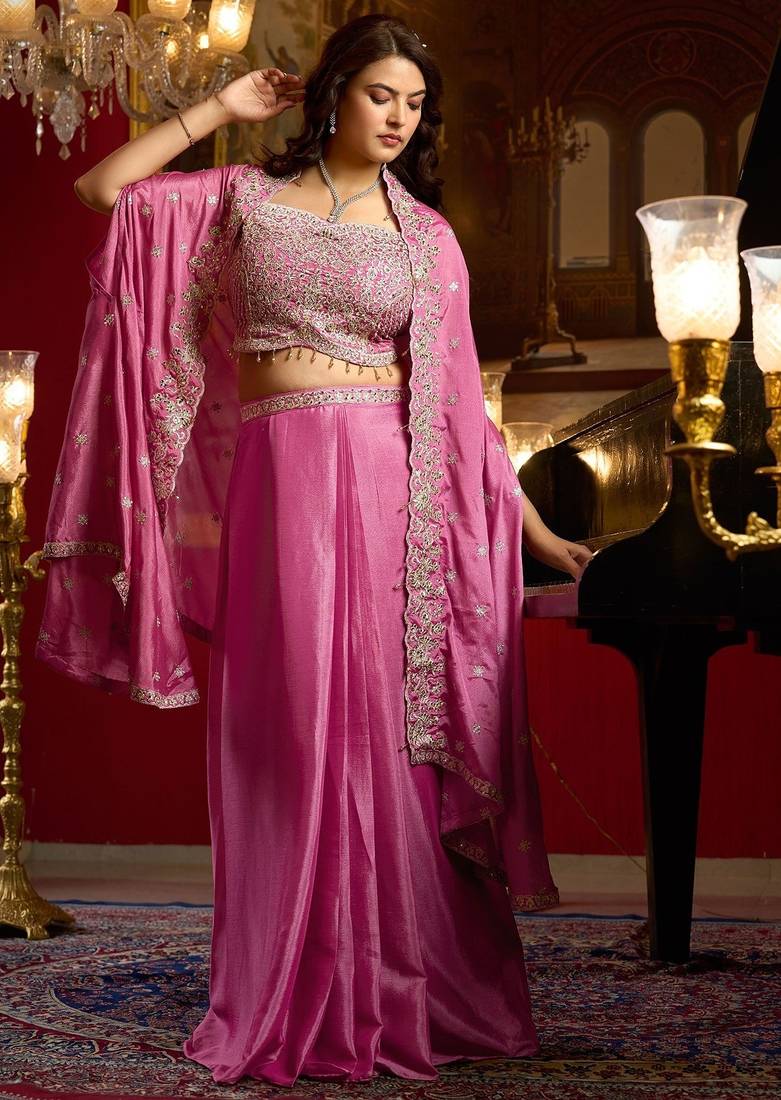 pink silk blend embroidered  beads mirror work & sequined semi stitched suit
