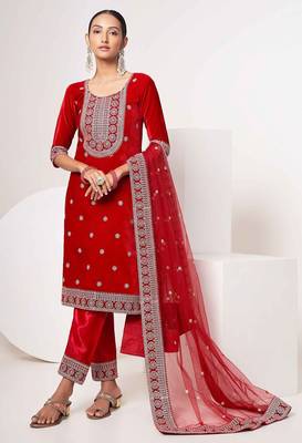 red velvet embroidery & sequined semi stitched suit 3