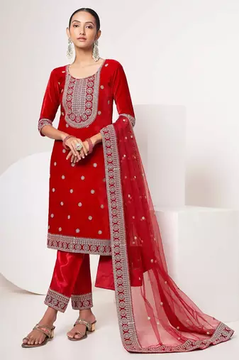 red velvet embroidery & sequined semi stitched suit