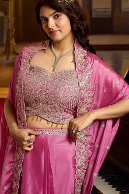 pink silk blend embroidered  beads mirror work & sequined semi stitched suit 2