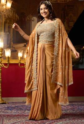 orange silk blend embroidered  beads mirror work & sequined semi stitched suit 1