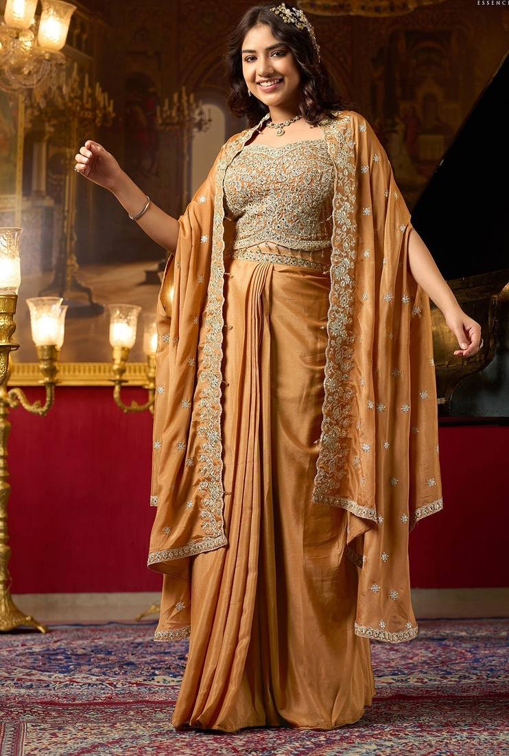 orange silk blend embroidered  beads mirror work & sequined semi stitched suit