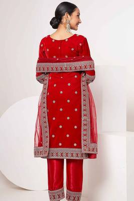 red velvet embroidery & sequined semi stitched suit 4
