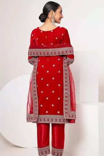 red velvet embroidery & sequined semi stitched suit