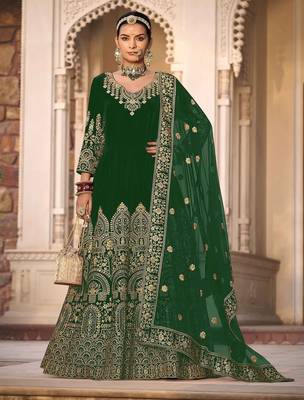 green velvet embroidery & stone & mirror semi stitched suit 1