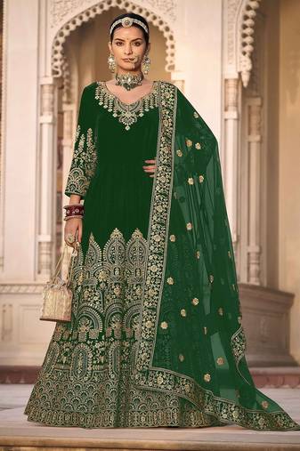 green velvet embroidery & stone & mirror semi stitched suit