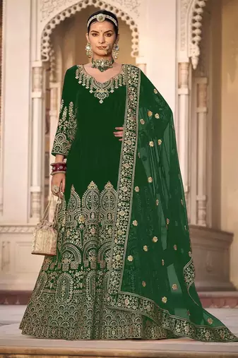 green velvet embroidery & stone & mirror semi stitched suit