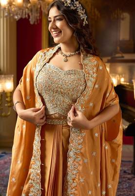 orange silk blend embroidered  beads mirror work & sequined semi stitched suit 2