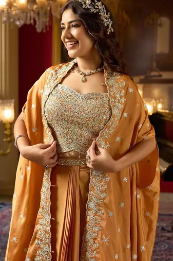 orange silk blend embroidered  beads mirror work & sequined semi stitched suit