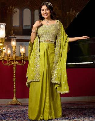 lime green silk blend embroidered  beads mirror work & sequined semi stitched suit 1