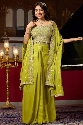 lime green silk blend embroidered  beads mirror work & sequined semi stitched suit
