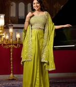 lime green silk blend embroidered  beads mirror work & sequined semi stitched suit