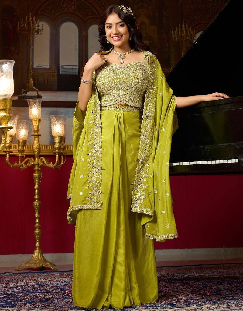 lime green silk blend embroidered  beads mirror work & sequined semi stitched suit