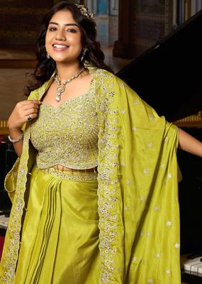 lime green silk blend embroidered  beads mirror work & sequined semi stitched suit 2